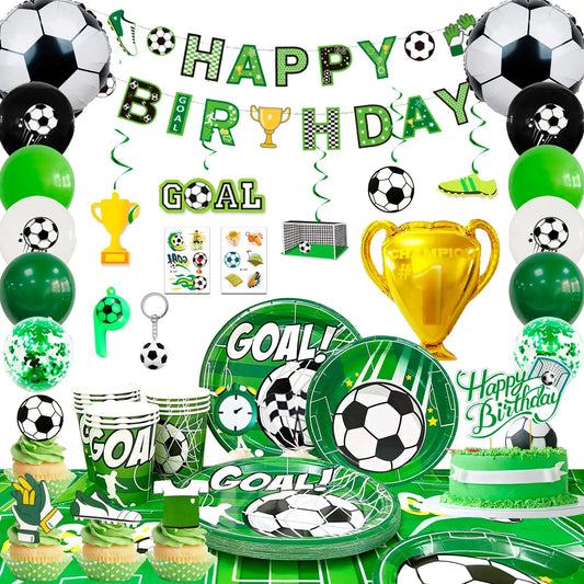 “113-Piece Soccer Party Decorations Set – Birthday Banner, Balloons, Tableware, Plates & Accessories for Soccer-Themed Parties”