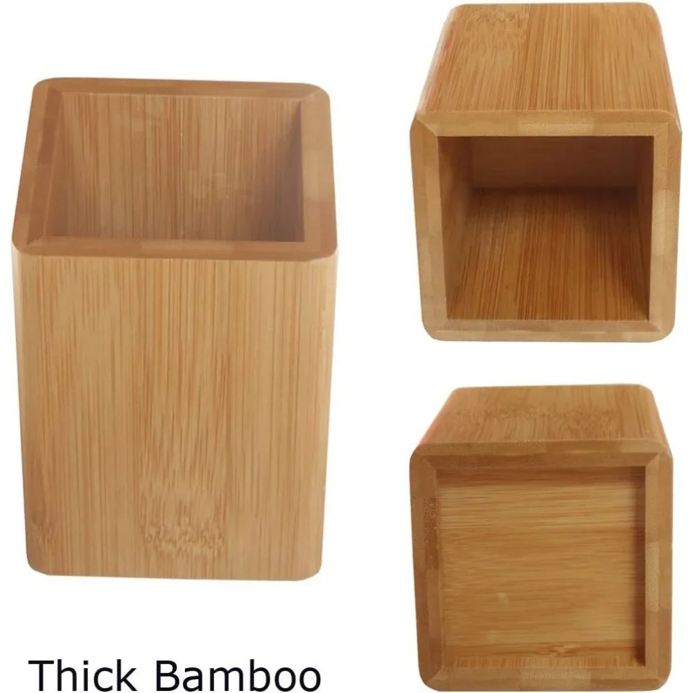 Bamboo Wooden Pen Holder & Desk Organizer – Business Card Holder Stand for Office, Home & School