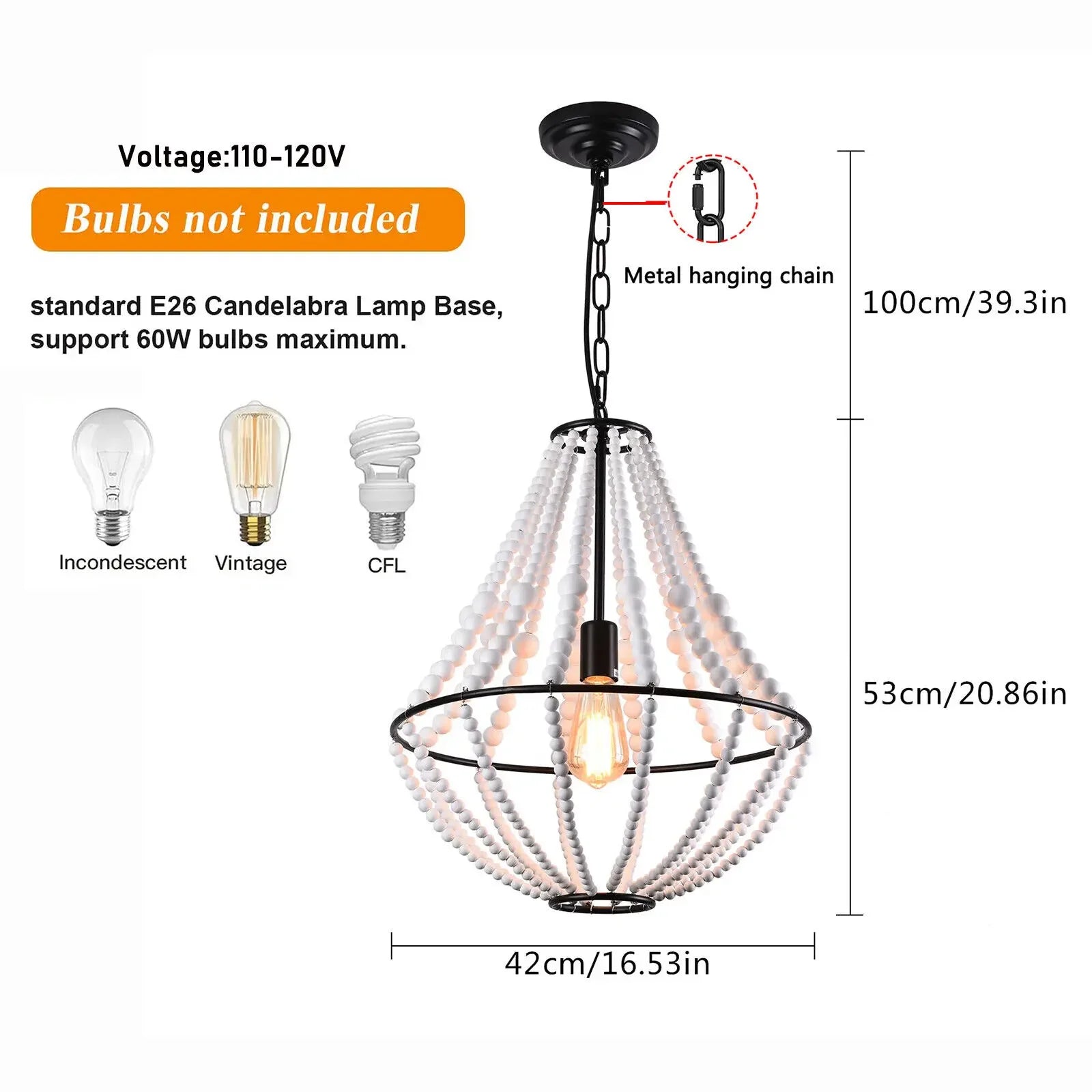 Farmhouse Wood Beaded Chandelier – Modern 1-Light Boho Pendant Light Fixture for Home Décor (E26 Socket)