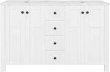 48" White Bathroom Vanity – Marble-Texture Top, 4 Drawers & Double Glass Vessel Sinks (Modern Standing Cabinet)