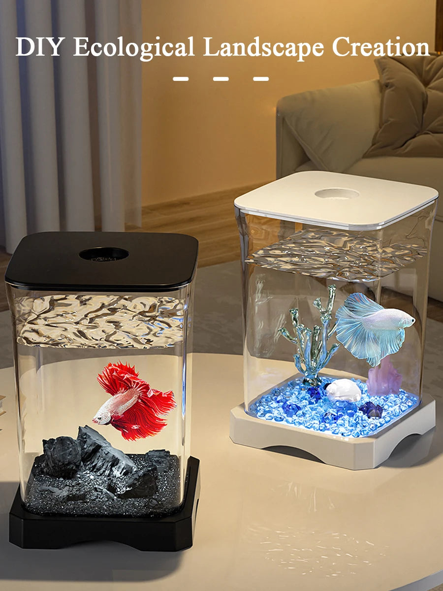 Aquarium Starter Kit – Mini Desktop Betta Fish Tank with Top Feeding Hole & Built-In Bottom Light, Rectangular Tabletop Design