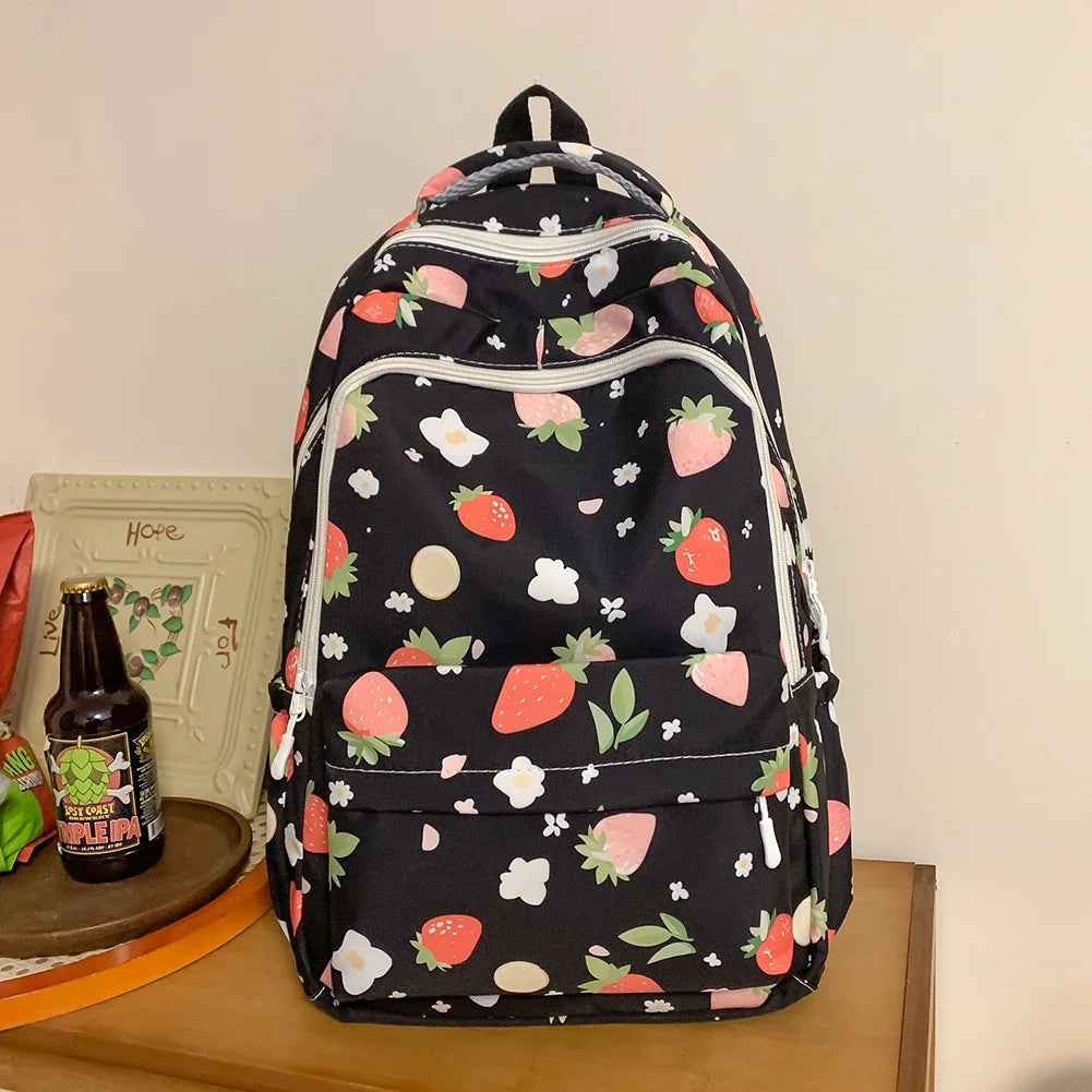 Women’s Strawberry Pattern Backpack – Large-Capacity Student School Bag | Cute Daily Daypack with Adjustable Straps