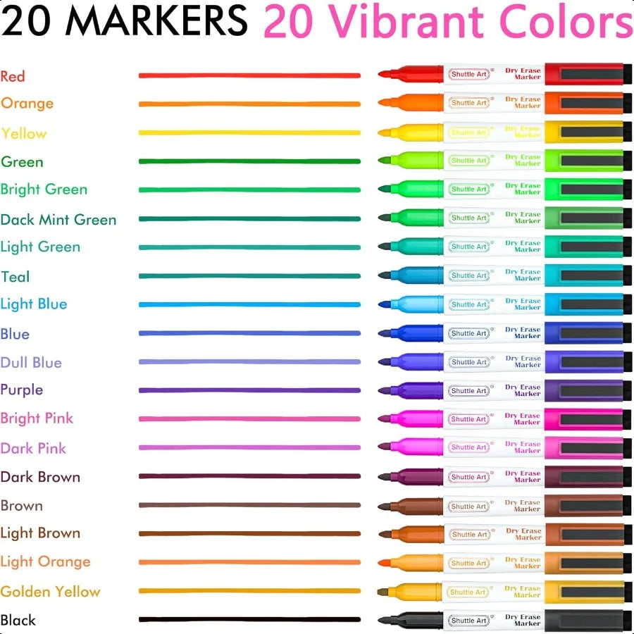 Magnetic Whiteboard Markers – 20-Pack Fine Tip Dry Erase Pens with Built-In Erasers for Whiteboards & Glass Boards ✍️