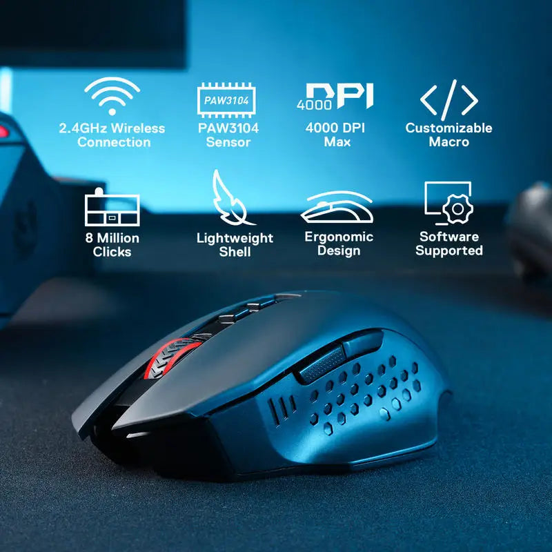 Redragon M656 Gainer Wireless Gaming Mouse – 2.4G Mouse with 4,000 DPI, 5 DPI Levels, 7 Macro Buttons & Red LED Backlight