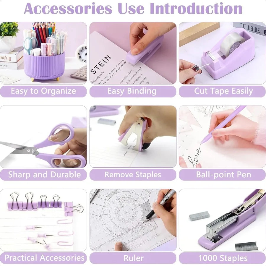 Purple Desk Accessories Set – 360° Pen Holder & Tape Dispenser with Stapler