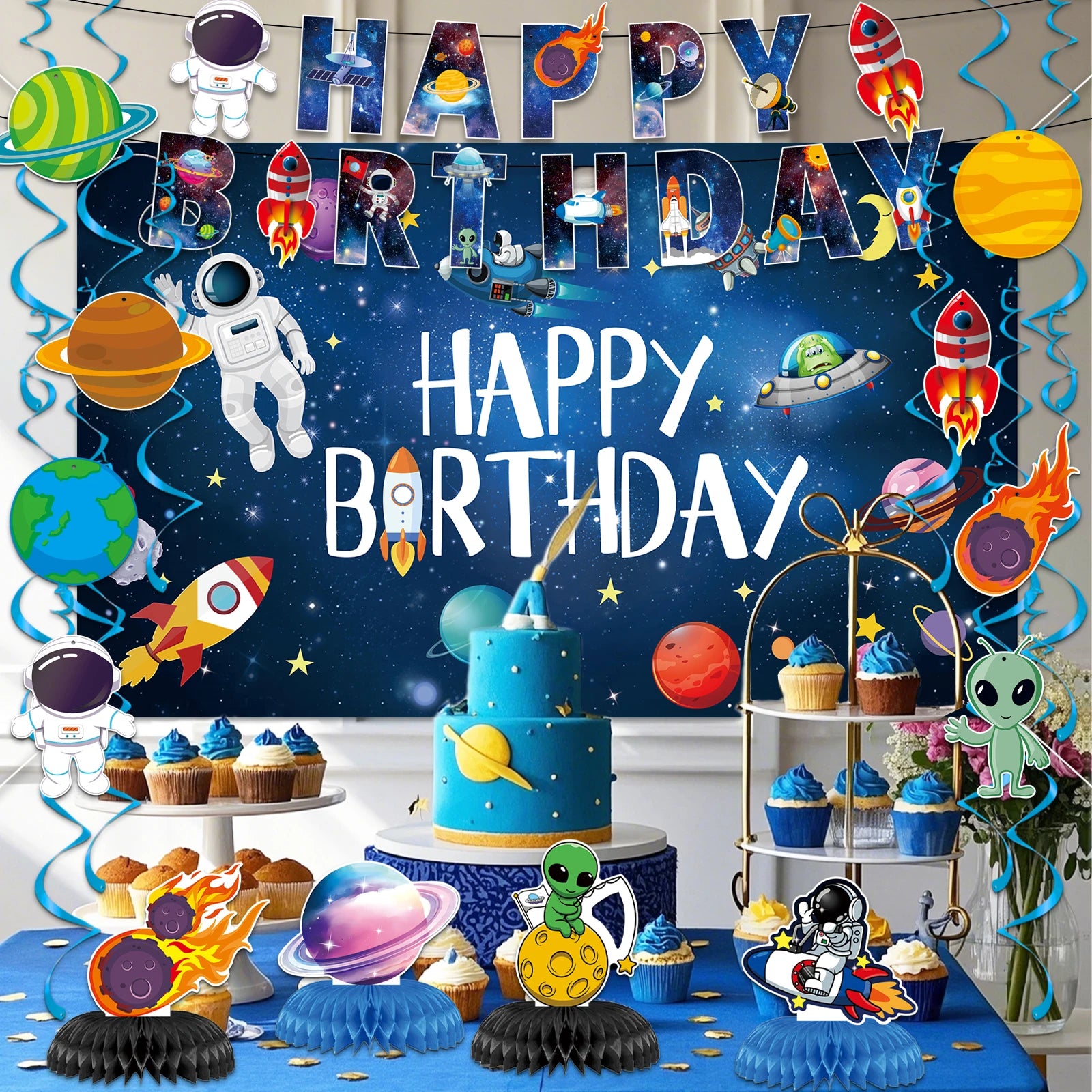 Galactic Glow “Happy Birthday” Space-Themed Banner & Honeycomb Centerpiece Kit