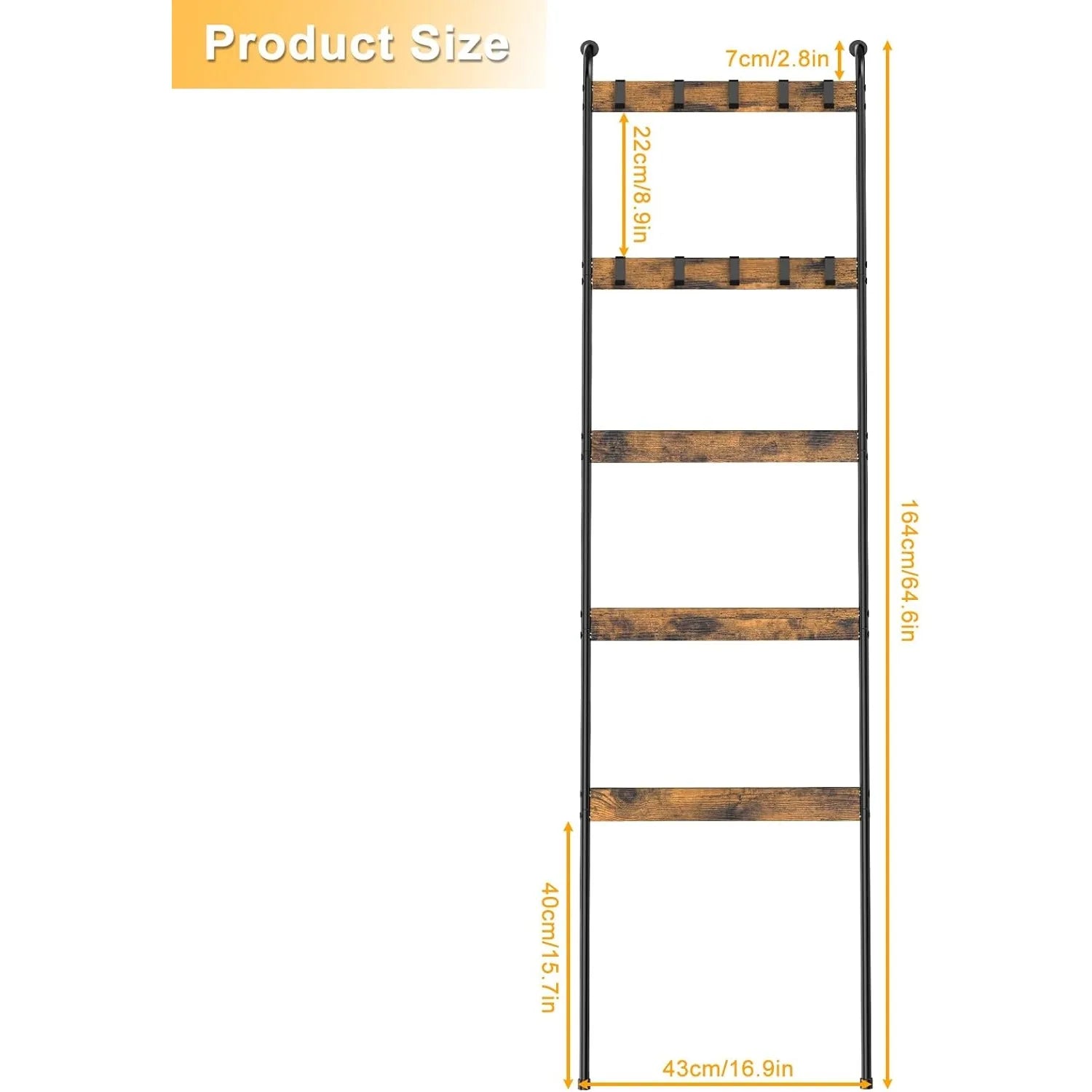 Blanket Ladder 5-Tier Towel Rack with 10 Hooks – Rustic Brown Wall-Leaning Storage Ladder