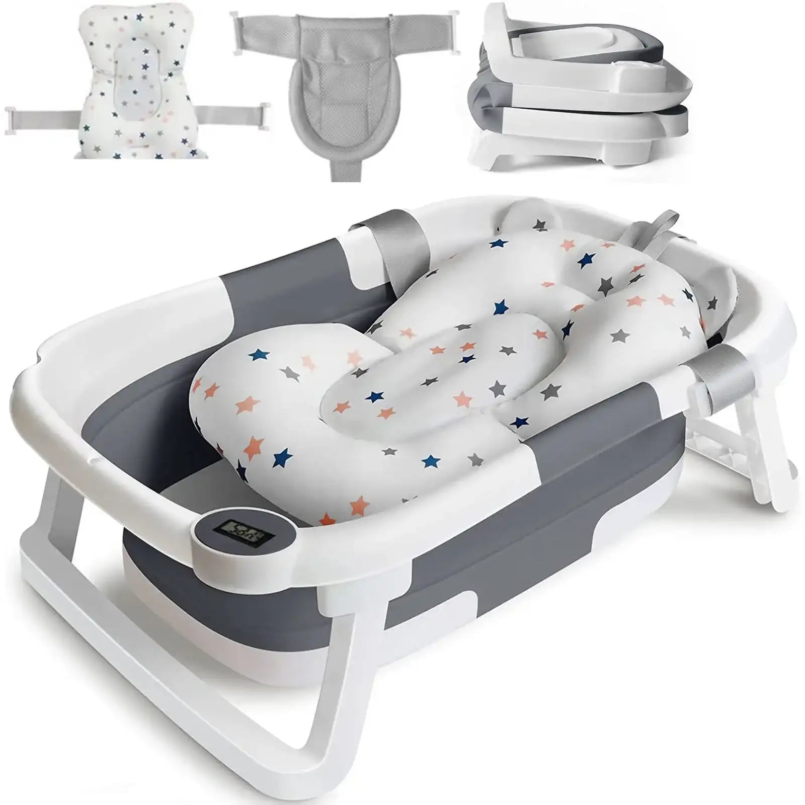 Foldable Baby Bathtub with Thermometer & Floating Cushion – Newborn to Toddler (0-36 Months)