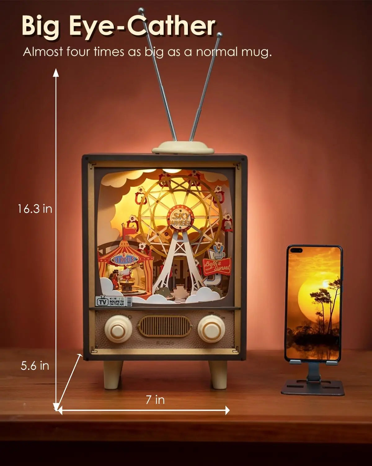 “Robotime Rolife Sunset Carnival Music Box – 3D Wooden Puzzle Ferris Wheel with Lights, DIY Home Decoration & Gift”