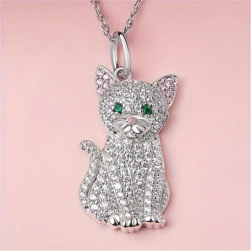 Cute White Cat Pendant Necklace – Adorable Pink-Ear Kitten Cartoon Jewelry for Women & Girls, Perfect Birthday Gift