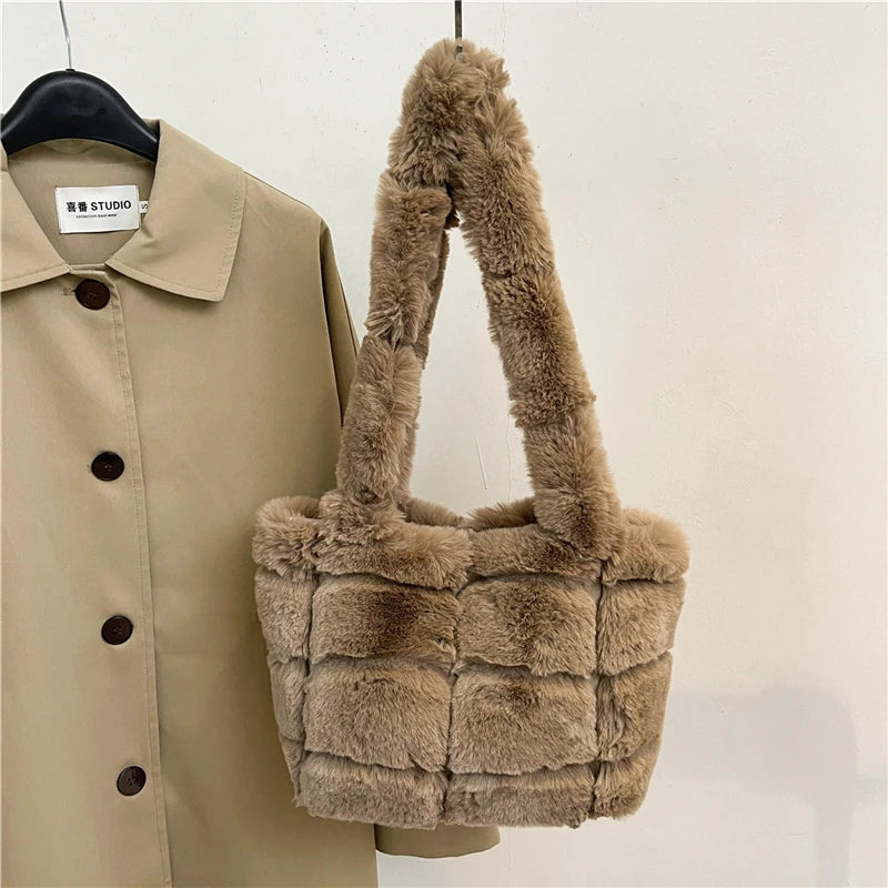 Women’s plush shoulder tote bag – large-capacity fluffy handbag, solid color casual furry purse for autumn & winter fashion