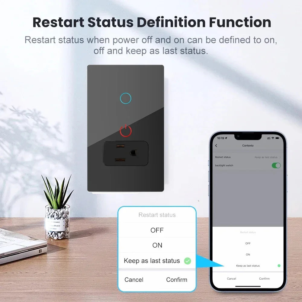 Melery Mexico Plug WiFi Smart Socket – Tuya App Intelligent US Wall Outlet with Touch Glass Panel, Alexa & Google Home Compatible