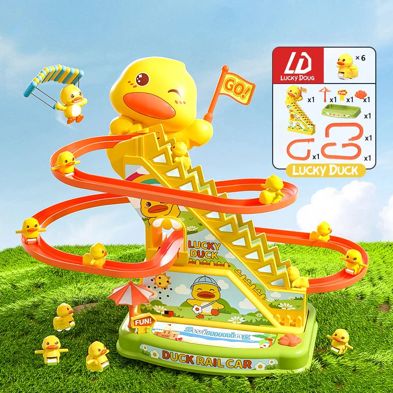 Duck Stairs Climbing Toy – Electric Track Slide with Flashing Lights & Music, Roller Coaster Duck Toy Gift for Kids & Toddlers