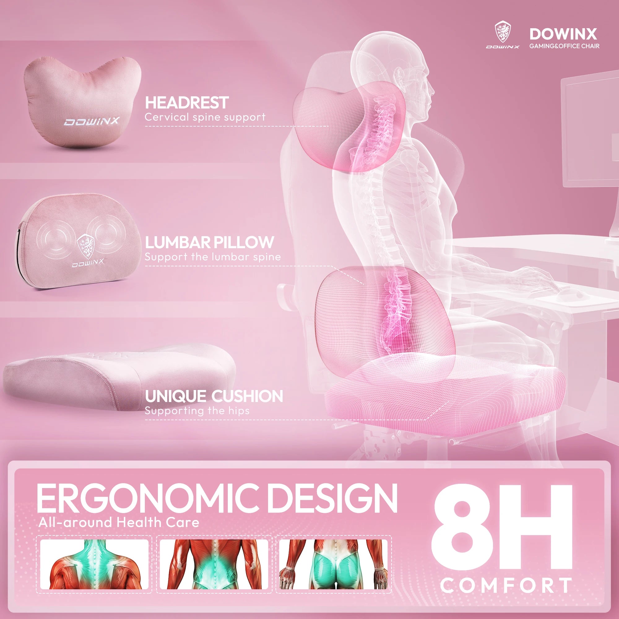 Dowinx Gaming Chair – Heated Massage Lumbar Support, Breathable Fabric Office Chair with Pocket Spring Cushion & Retractable Footrest