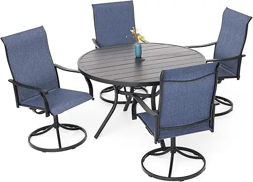 “5-Piece Outdoor Dining Set – 48-Inch Round Table with 4 Swivel Textilene Chairs, All-Weather Patio Furniture (Blue)”