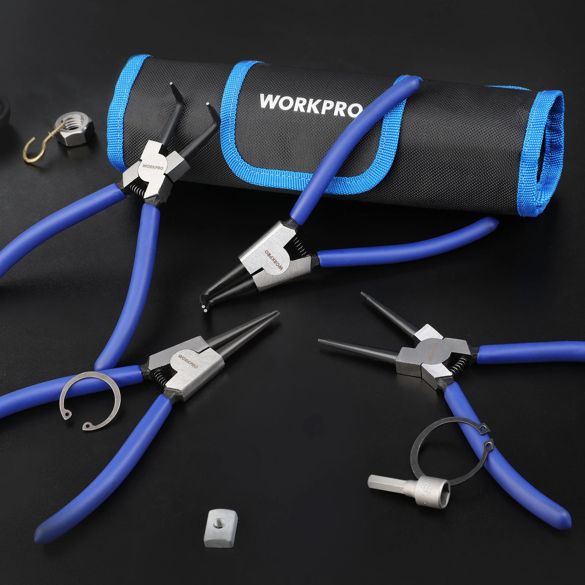 WORKPRO 4-Piece Snap Ring Pliers Set – 7" Internal & External Circlip Kit with Straight & Bent Jaw