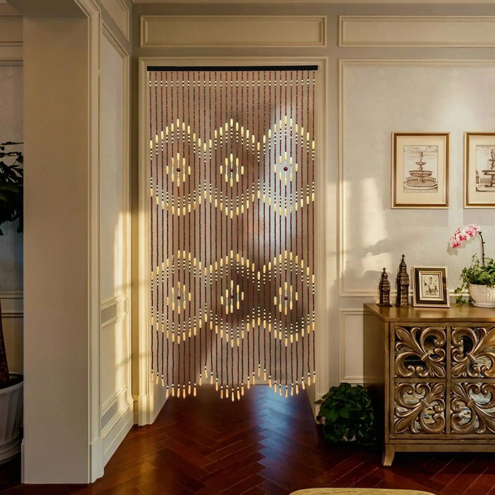 Wooden Bead Doorway Curtain – 35″ × 43″/68″ × 9″ Natural Boho Beads for Front Door Decor
