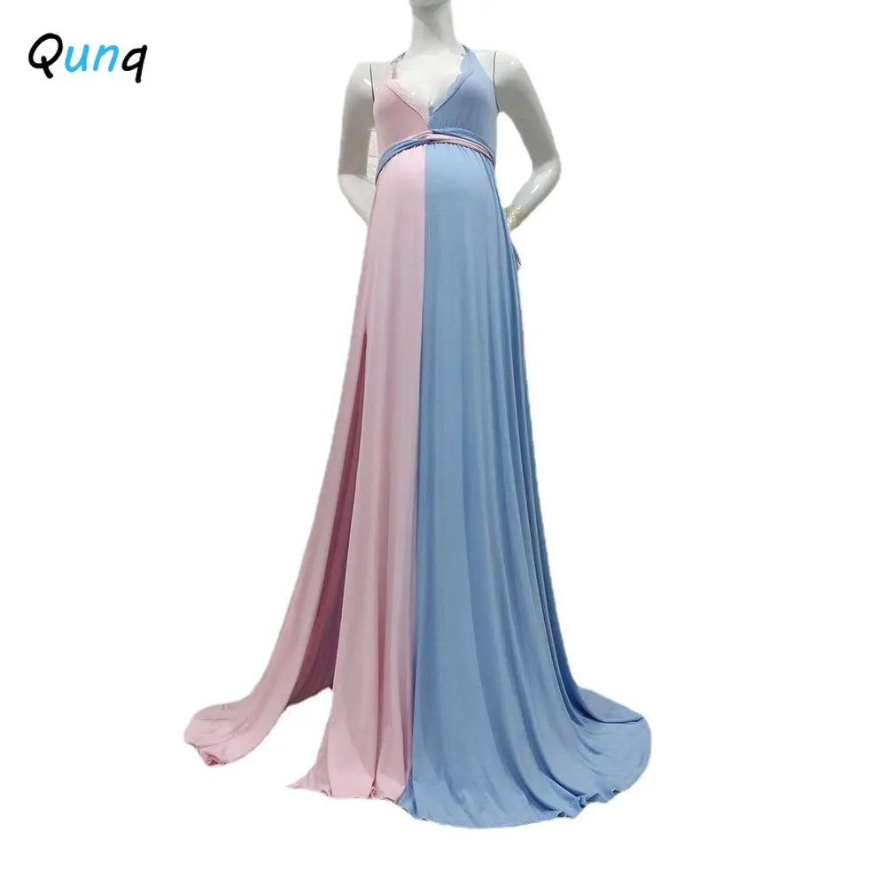 Women’s Sleeveless Maternity Dress – V-Neck Long Pregnancy Gown with Lace Splicing & Adjustable Condole Belt