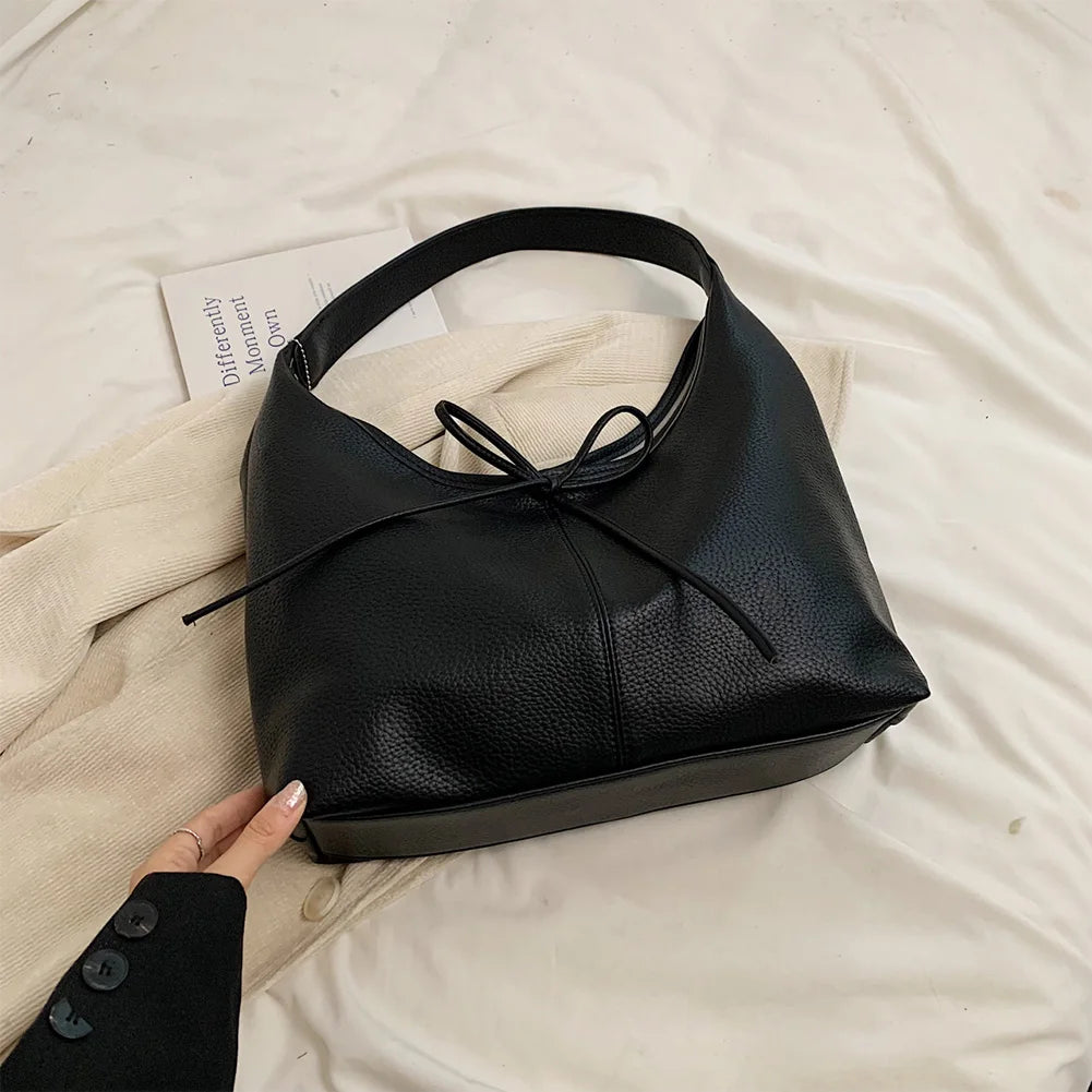 Women’s PU Leather Hobo Bag with Bow 🎀 – Trendy Solid Color Crescent Shoulder Bag & Mini Purse for Travel 💼✨