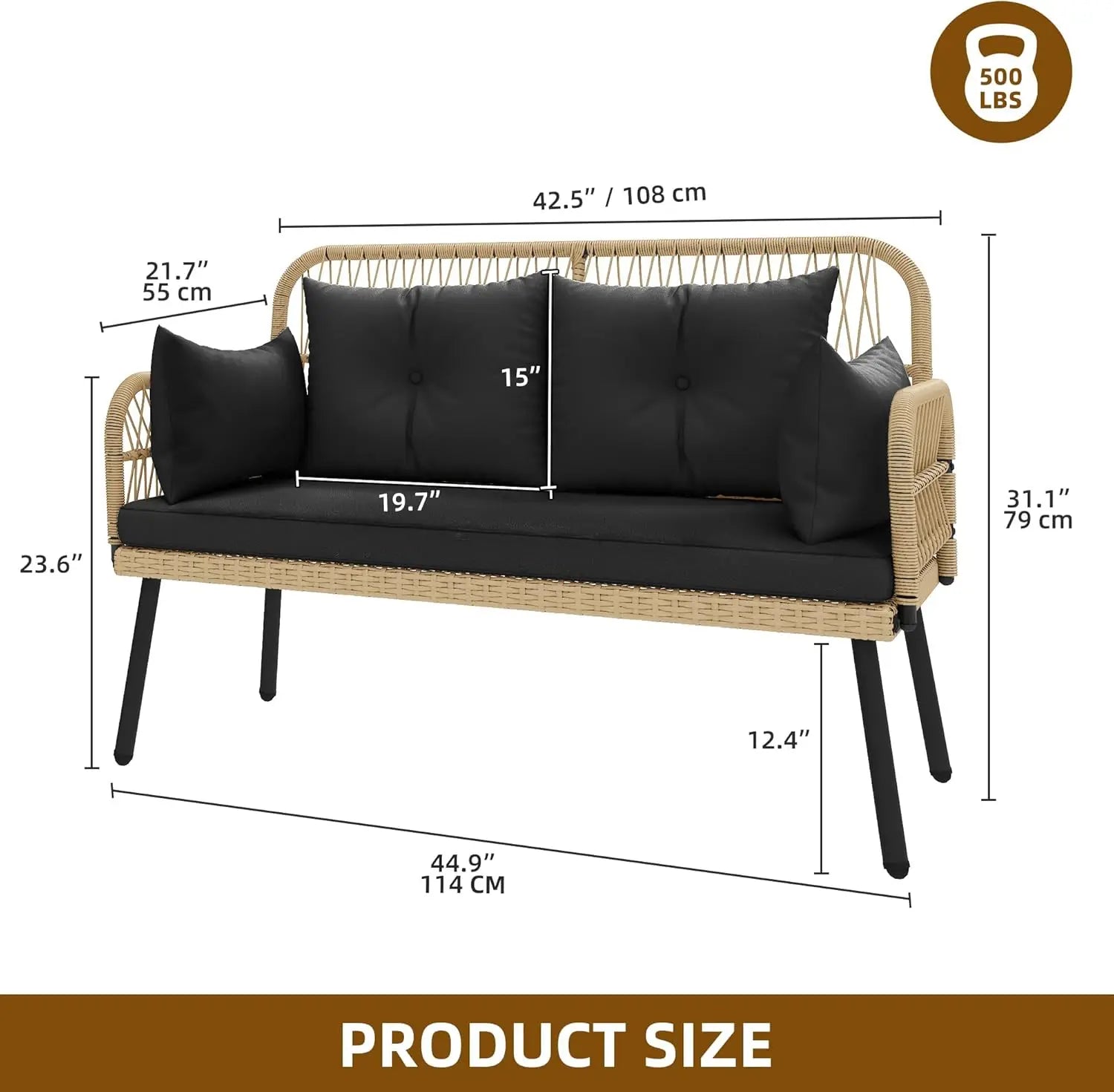 “Outdoor Loveseat Patio Wicker Furniture – Black Rattan Couch with Cushion & Adjustable Feet for Garden, Balcony & Porch”