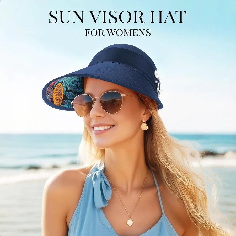 Women’s Wide Brim Sun Hat – UV Protection Beach Hat with Packable Ponytail Visor for Summer Travel