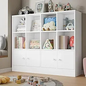 🪵 Black Wood 12-Cube Bookshelf with 4 Doors – 3-Tier Storage Cabinet with Adjustable Shelves for Bedroom & Living Room
