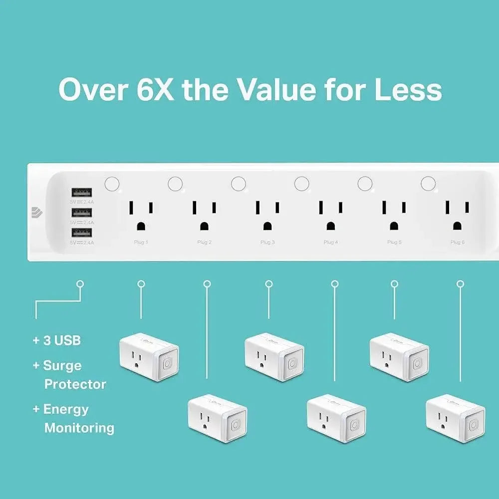 HS300 Smart Surge Protector – 6 Individually Controlled Outlets + 3 USB Ports, WiFi Smart Power Strip with Surge Protection, Works with Alexa & Google