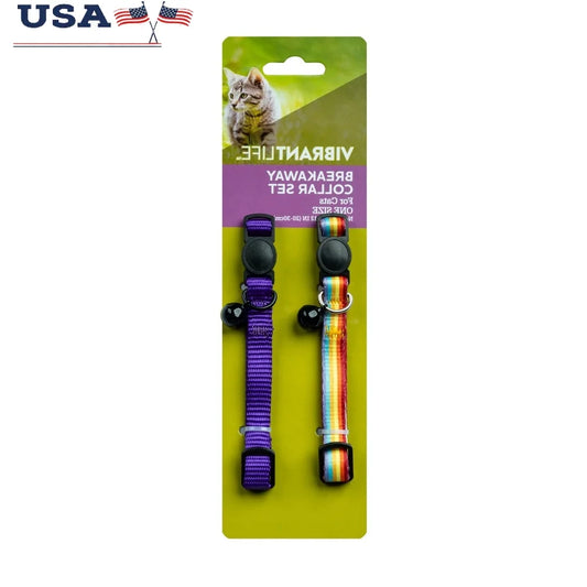 2-Pack Adjustable Breakaway Cat Collars with Bell – Rainbow Stripe & Solid Purple Nylon Collars with ID Tag Ring for Cats & Kittens