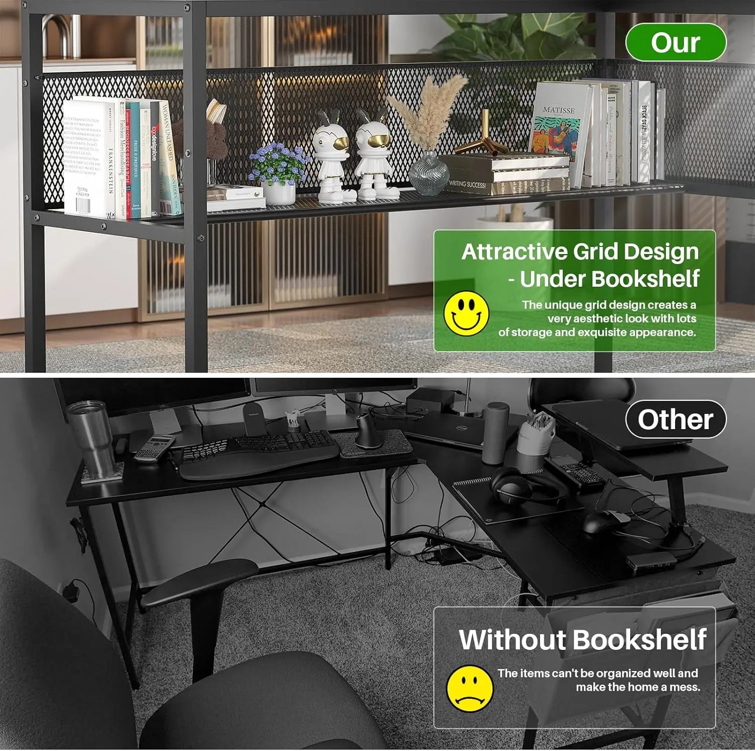 Modern L-Shaped Desk with LED Lights & Power Outlet – Reversible Corner Computer Table with Monitor Stand & Storage Shelf