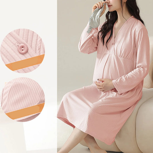 Women’s Maternity Gender Reveal Dress – Summer Nursing Nightdress with Thin Belt & Built-In Breast Pads