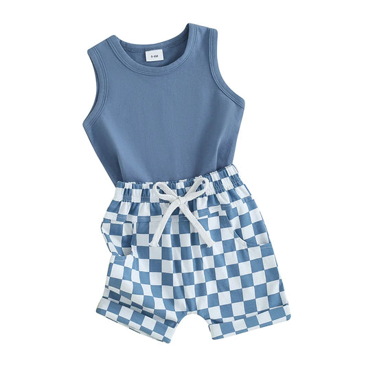 Baby Boy Summer Outfit – 2 Pcs Sleeveless Tank Top & Checkered Shorts Set for Toddler Casual Wear