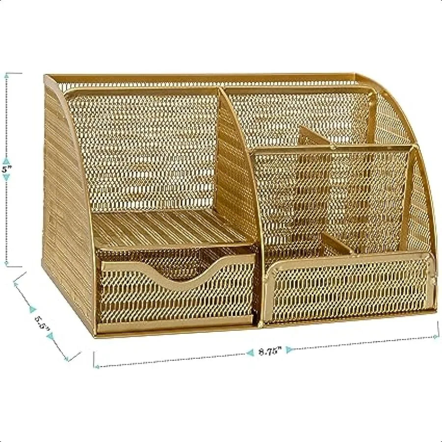 Gold Mesh Metal Desktop Organizer with Drawer – Small File & Office Accessory Holder