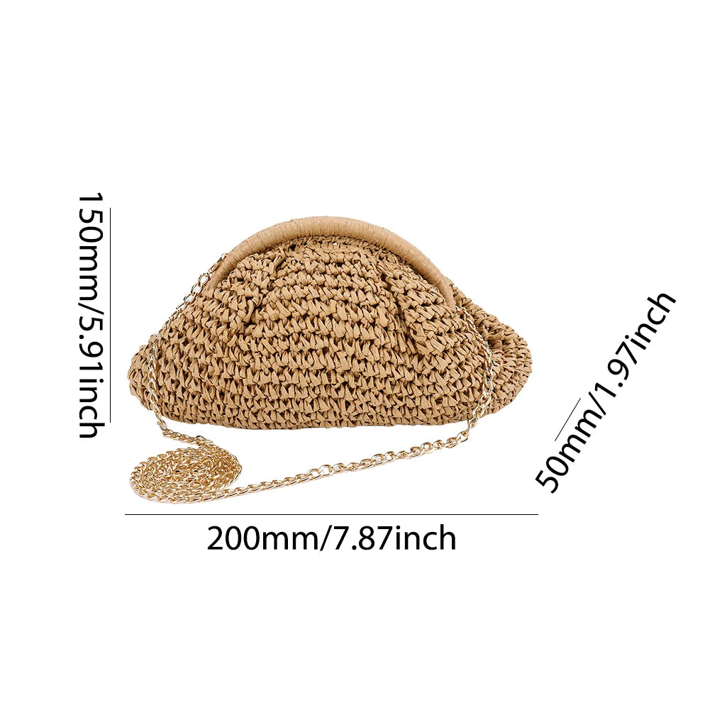Women Straw Woven Bag with Chain Strap – Large Capacity Fashion Shoulder Satchel for Party & Vacation