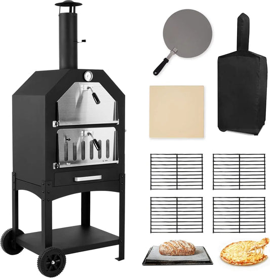 “Outdoor Wood-Fired Pizza Oven – Portable Patio Pizza Maker with Cooking Grill, Wheels & Waterproof Cover for Backyard & Camping”