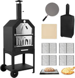 “Outdoor Wood-Fired Pizza Oven – Portable Patio Pizza Maker with Cooking Grill, Wheels & Waterproof Cover for Backyard & Camping”