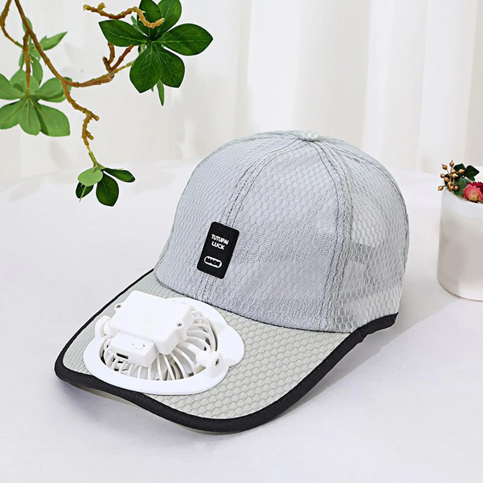 Summer Fan Hat – Mesh Baseball Cap with Embroidered Letter & Built-In Cooling Fan for Men & Women