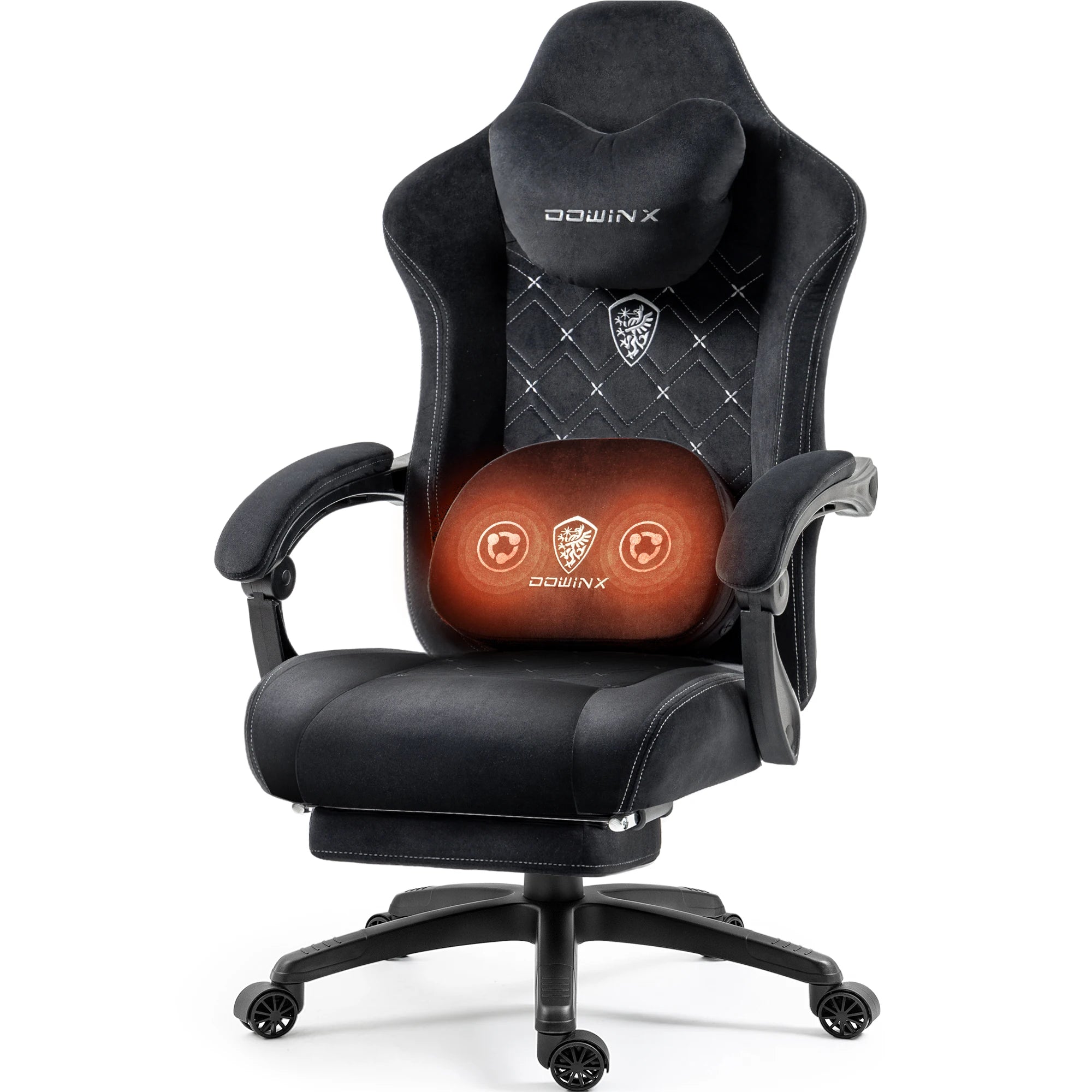 Dowinx Gaming Chair – Heated Massage Lumbar Support, Breathable Fabric Office Chair with Pocket Spring Cushion & Retractable Footrest