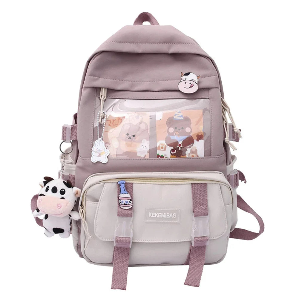 Preppy Style Contrast Color Canvas Backpack for Women – Student Knapsack with Decorative Pendant