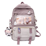Preppy Style Contrast Color Canvas Backpack for Women – Student Knapsack with Decorative Pendant