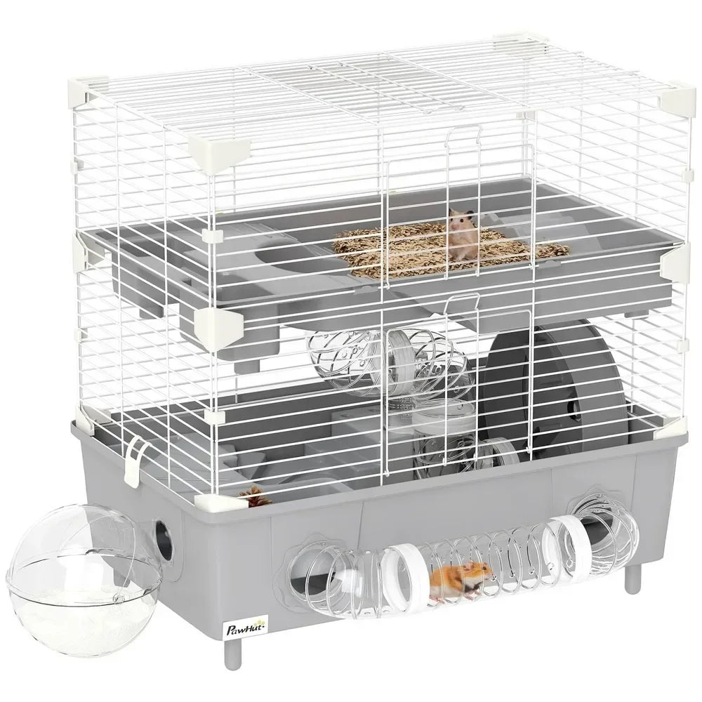 2-Tier Hamster Cage – Spacious Hamster Habitat with Accessories, Durable Gray Design for Small Pets