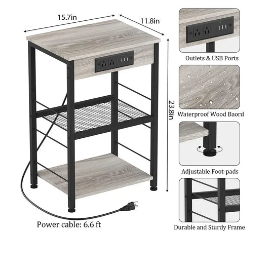 Bedside Table with Charging Station – 3-Tier Nightstand with USB Ports & Power Outlets, Side Table with Storage Rack for Bedroom & Living Room