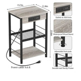 Bedside Table with Charging Station – 3-Tier Nightstand with USB Ports & Power Outlets, Side Table with Storage Rack for Bedroom & Living Room