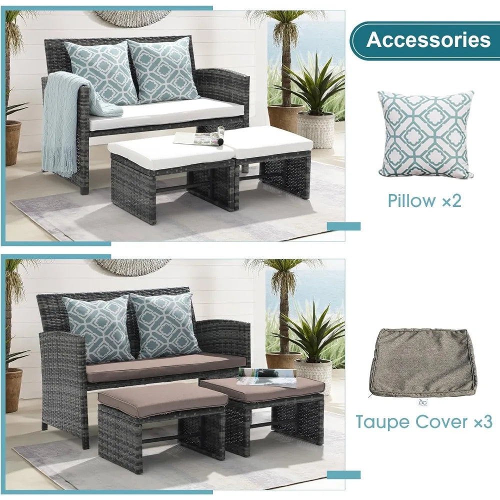 3-Piece Casual Patio Furniture Set – Gray Rattan Loveseat with Ottomans & White Cushions | Outdoor Wicker Conversation Set for Porch & Garden