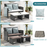 3-Piece Casual Patio Furniture Set – Gray Rattan Loveseat with Ottomans & White Cushions | Outdoor Wicker Conversation Set for Porch & Garden