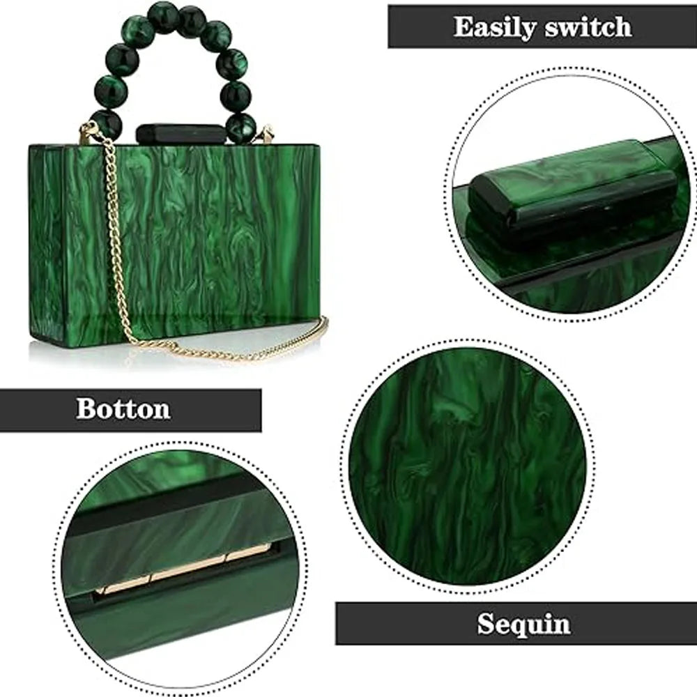 Pearl Marble Dark Green Acrylic Evening Bag – Luxury Crossbody Flap Purse for Women, Wedding, Party & Chic Beach Events
