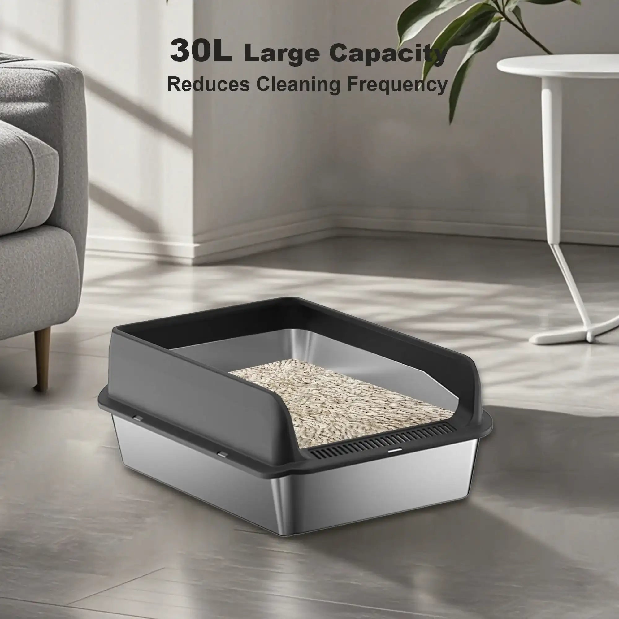 Stainless Steel Cat Litter Box – High-Sided Pan for Large Cats, Double-Layer Mat & Scoop Included