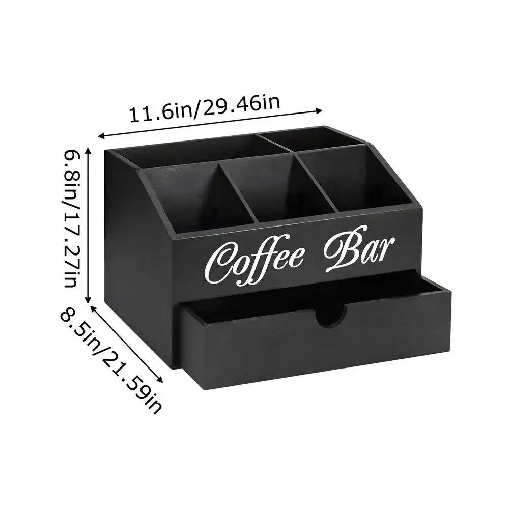 Wooden Coffee & Tea Station Organizer – Large Countertop Basket with Removable Dividers for Home Coffee Bar