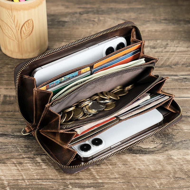 CONTACT’S Genuine Leather Long Wallet for Men – Large Capacity Business Clutch with Zipper, Coin & Cellphone Pockets, and Card Holder