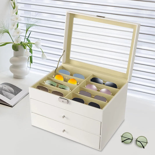 3-Layer Sunglasses Organizer Box – PU Leather Eyewear Storage Case with 24 Slots for Sunglasses & Eyeglasses Display
