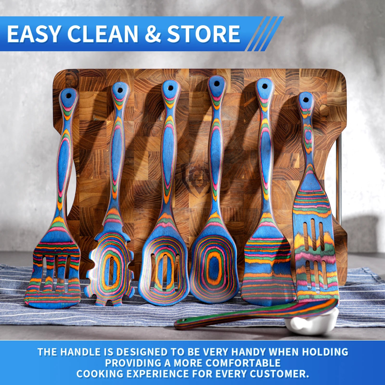 7-Piece Blue Pakkawood Cooking Utensils Set – Wooden Spoons & Spatulas for Cooking, Serving and Stirring